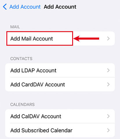 Screenshot displaying the configuration details while adding a new email account and highlighting the list entry “Add mail account”.