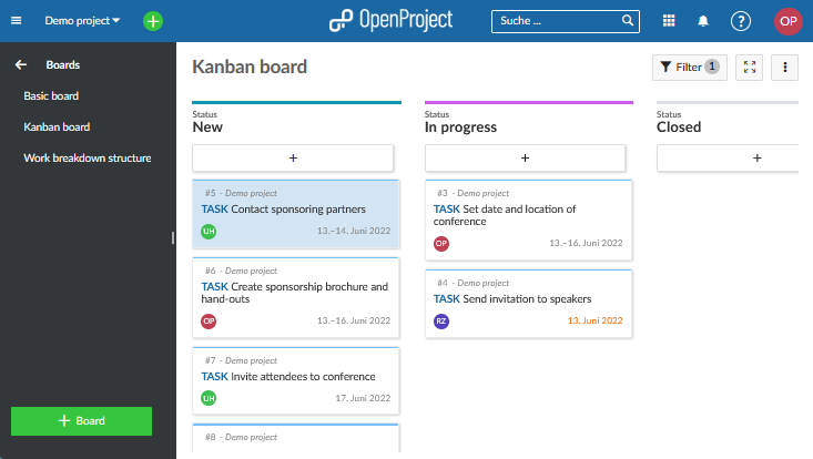 Screenshot eines Kanban-Boards in OpenProject.