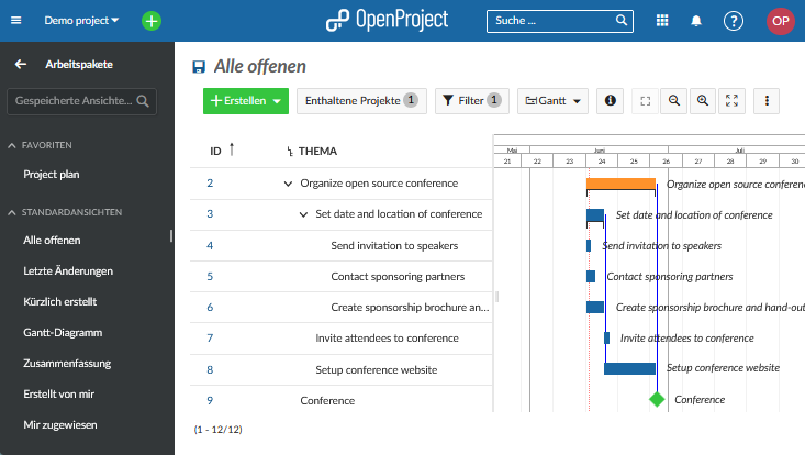 Screenshot eines Gantt-Diagramms in OpenProject.