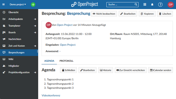 Screenshot einer Besprechung in OpenProject.