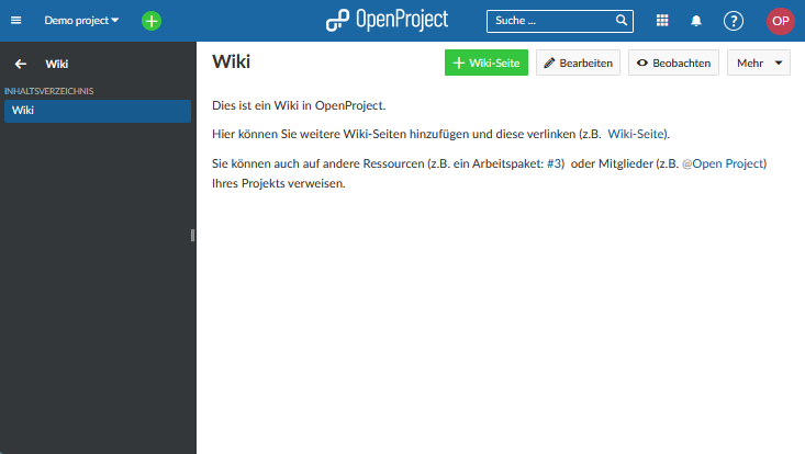 Screenshot eines Wikis in OpenProject.