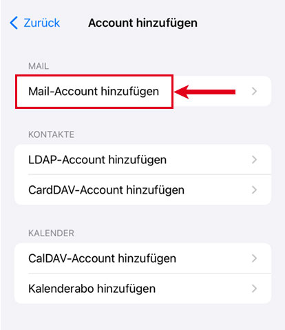 Screenshot der Mail-Einstellungen beim Einbinden eines E-Mail-Kontos, auf dem „Mail-Account hinzufügen“ markiert ist.