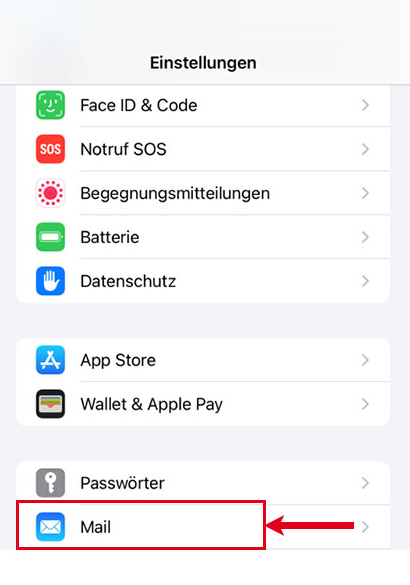 Screenshot einiger Menüpunkte aus der iOS-App „Einstellungen“, auf dem der Eintrag „Mail“ markiert ist.