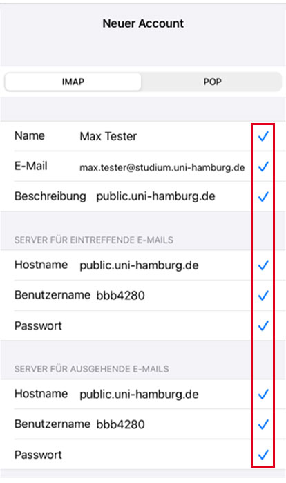 Screenshot der Übersicht nach Einrichtung eines Kontos in Mail, auf dem Häkchen-Symbole am Ende jeder Zeile markiert sind.