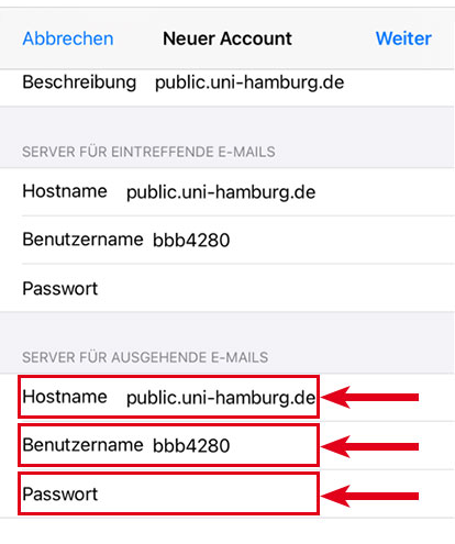 Screenshot mit markierten Eingabefeldern für die Angaben zum Server für ausgehende E-Mails: Hostname, Benutzername, Passwort.