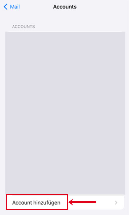 Screenshot der Kontenübersicht in der Mail-App, auf dem der Eintrag „Account hinzufügen“ markiert ist.