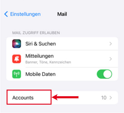 Screenshot der Einstellungen in der Mail-App, auf dem der Eintrag „Accounts“ markiert ist.