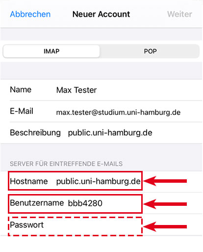 Screenshot mit markierten Eingabefeldern für die Angaben zum Server für eingehende E-Mails: Hostname, Benutzername, Passwort.