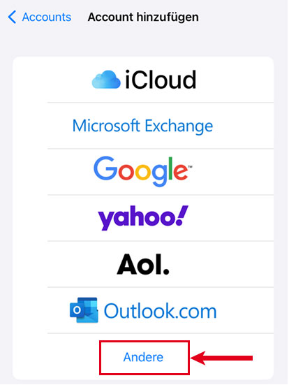 Screenshot einer Übersicht von voreingestellten E-Mail-Dienstleistern, auf dem der letzte Eintrag „Andere“ markiert ist.