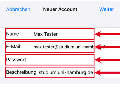 Screenshot mit markierten Eingabefeldern für die Angaben eines neuen E-Mail-Kontos: Name, E-Mail, Passwort, Beschreibung.