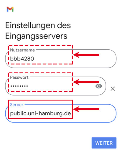 Screenshot mit markierten Eingabefeldern für die Angaben zum Eingangsserver: Nutzername, Passwort, Server.