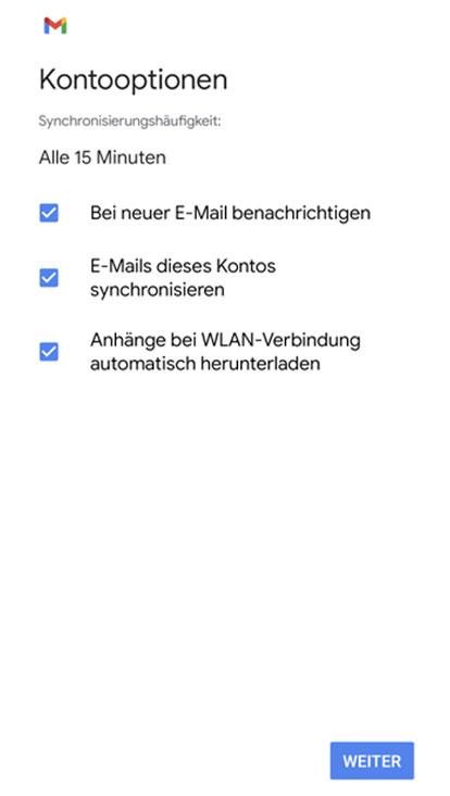 Screenshot der Kontooptionen nach Einrichtung des studentischen E-Mail-Accounts.