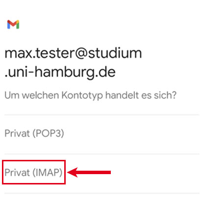 Screenshot der Ansicht zur Auswahl der Kontotypen, auf der der zu wählende Punkt „IMAP“ markiert ist.