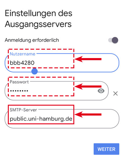Screenshot mit markierten Eingabefeldern für die Angaben zum Ausgangsserver: Nutzername, Passwort, SMTP-Server.