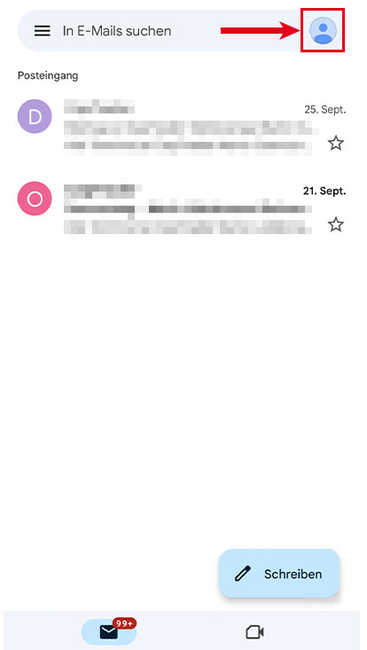 Screenshot der Ansicht nach Öffnen der GMail-App, auf der die Möglichkeit zum Zugriff auf das eigene Profil markiert ist.