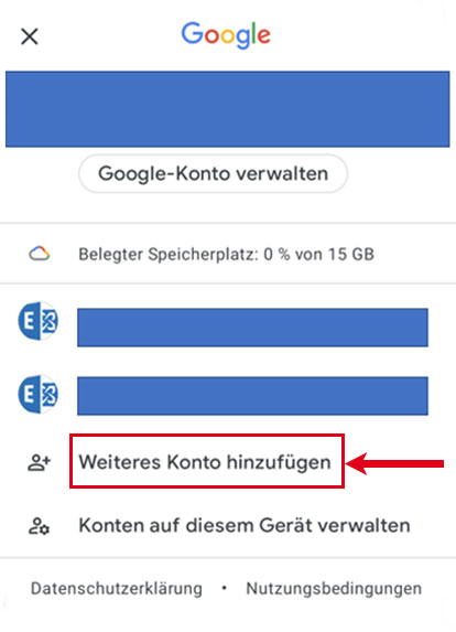 Screenshot der Konto-Einstellungen im persönlichen Profil, auf dem der Punkt „Neues Konto hinzufügen“ markiert ist.