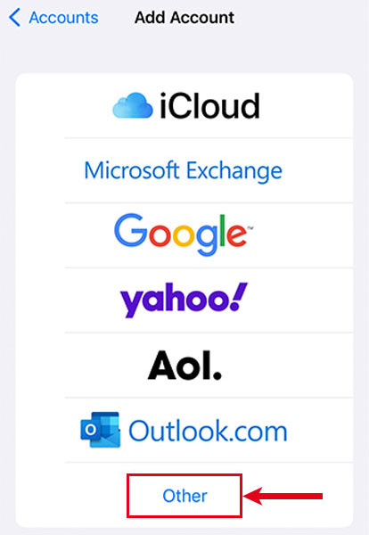 Screenshot displaying a list of email service providers and highlighting the list entry “Other”.