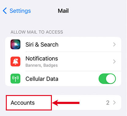 Screenshot displaying the settings of “Mail” and highlighting the item “Accounts”.