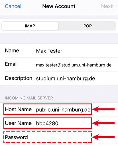 Screenshot with highlighted input fields requested for incoming email server settings: Host Name, User Name, and Password.