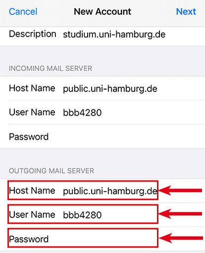 Screenshot with highlighted input fields requested for outgoing mail server settings: Host Name, User Name, and Password.