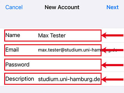Screenshot with highlighted input fields requested for adding a new email account: Name, Email, Password, and Description.