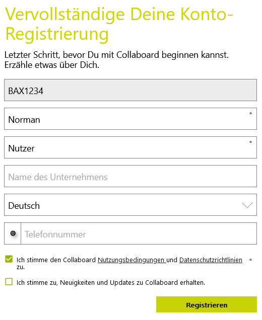 Collaboard-Registrierungsformular