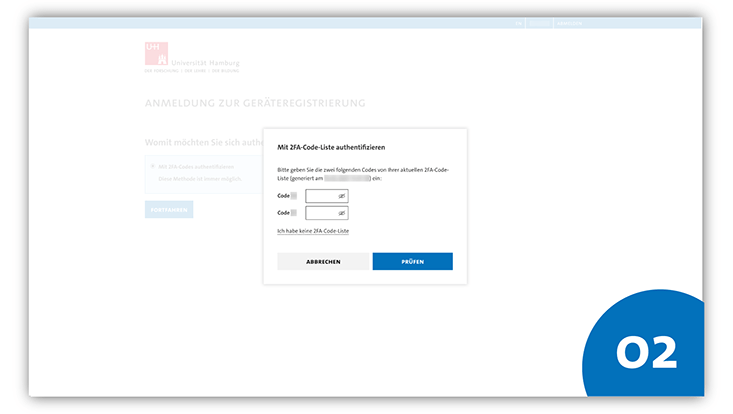 Pop-up-Fenster „Mit 2FA-Code-Liste authentifizieren“