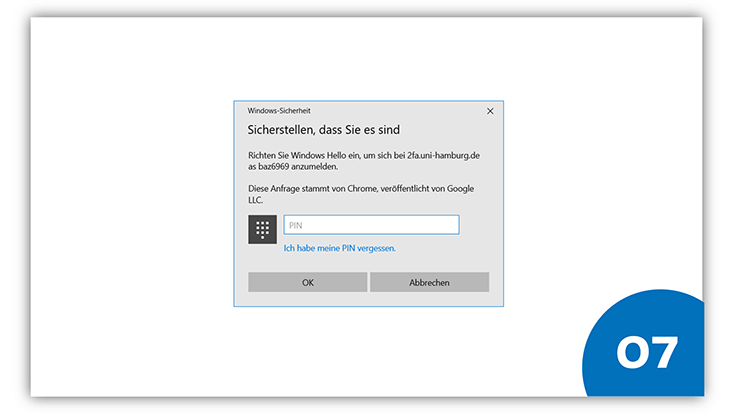 Pop-up-Fenster mit „Windows Sicherheit“. Es soll ein Pin eingegeben werden.