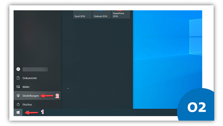 slides-windows-733x414-vorbereitung-3 Windows-Bildschirm. Auf das "Start"-Symbol zeigt eine rote 1, auf den Bereich "Einstellungen" eine rote 2.