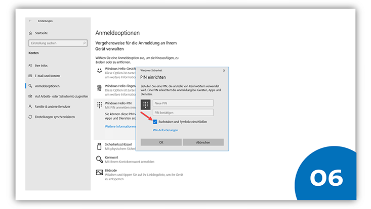 slides-windows-733x414-vorbereitung-7 Pop-up-Fenster "PIN einrichten". Ein roter Pfeil zeigt auf "Buchstaben und Symbole einschließen".