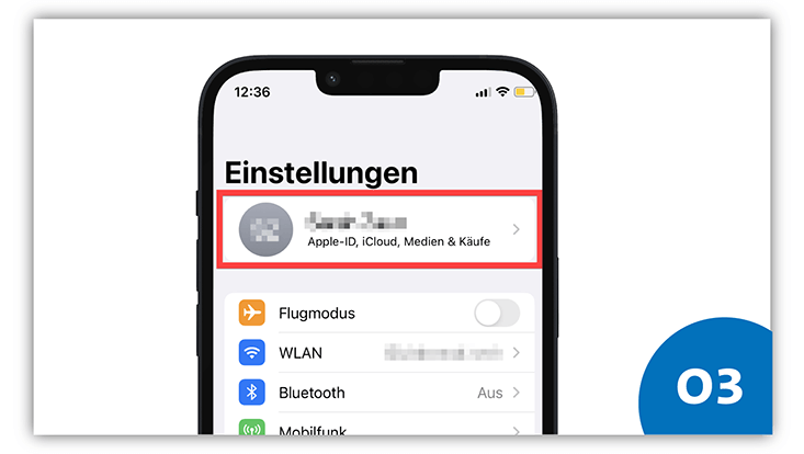 Slide 3: iPhone Screenshot mit rotem Kreis um “Apple-ID, iCloud, Medien & Käufe”