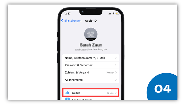 Slide 4: iPhone Screenshot mit rotem Kreis um “iCloud”