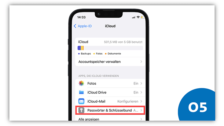 Slide 5: iPhone Screenshot mit rotem Kreis um “Passwörter & Schlüsselbund”