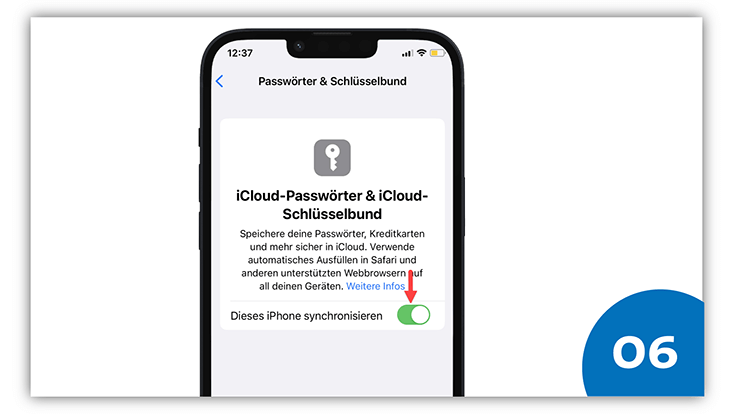 Slide 6: iPhone Screenshot von iCloud-Passwörter & iCloud-Schlüsselbund mit Pfeil auf „dieses iPhone synchronisieren“