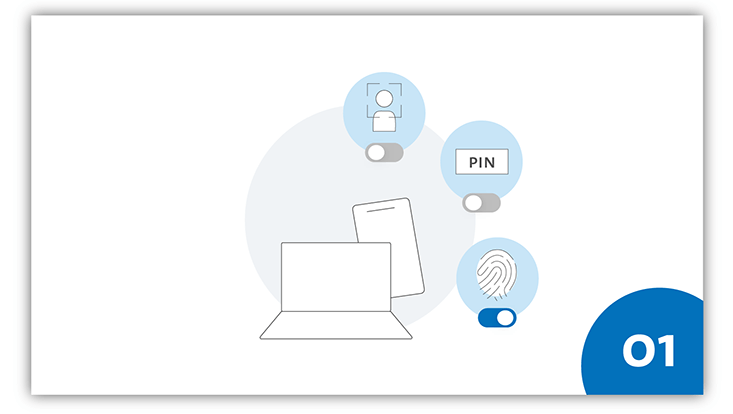 Grafik mit Icons eines Laptops und Smartphones sowie einer Gesichtserkennung, einer Pin und eines Fingerabdrucks.