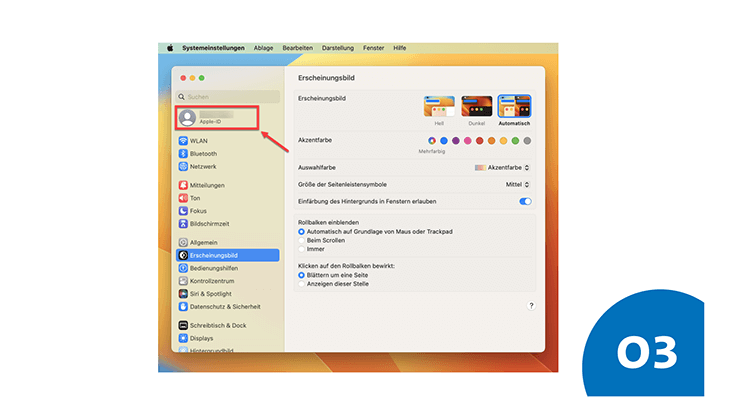 Die Systemeinstellungen sind geöffnet. Der Bereich "Apple ID" ist rot umrandet und es zeigt ein roter Pfeil darauf.