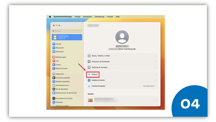 Der Bereich "Apple ID" ist geöffnet. Um den Bereich "iCloud" ist ein roter Kasten und es zeigt ein roter Pfeil darauf.