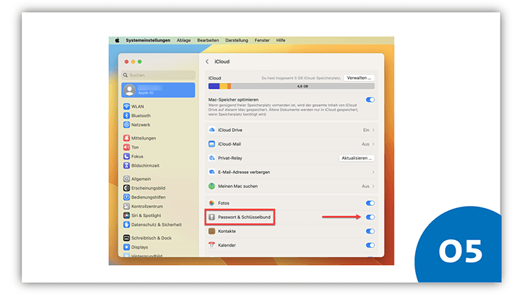 Der Bereich "iCloud" is geöffnet. Um den Bereich "Passwort & Schlüsselbund" ist ein roter Kasten und es zeigt ein roter Pfeil darauf.