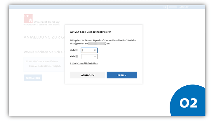 Slide 2: Grafik „Mit 2FA-Code-Liste authentifizieren“