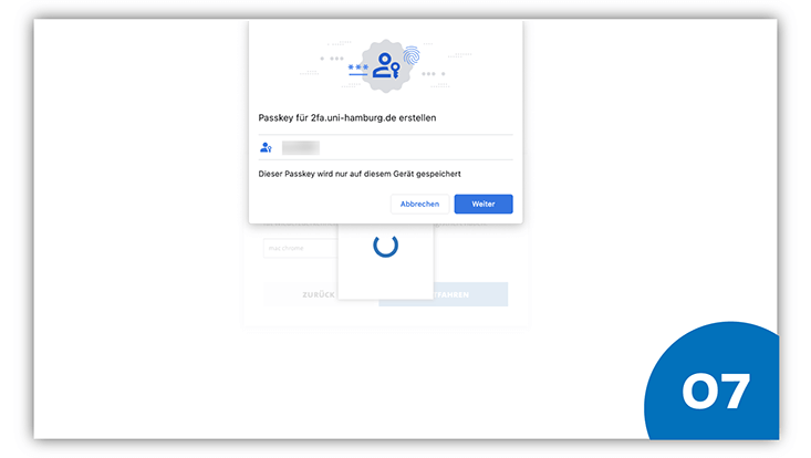 Slide 7: Pop-up-Fenster mit Google Chrome „Passkey für 2fa.uni-hamburg.de erstellen“