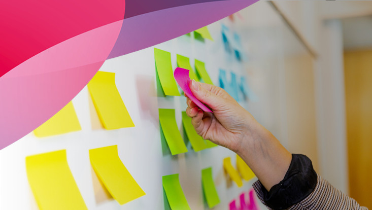 Hand pinning a sticky note onto a whiteboard