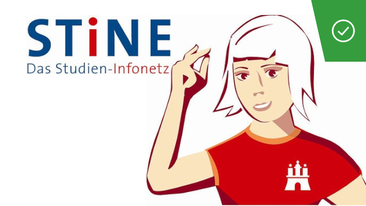 STiNE logo and comic-style image of woman wearing a Universität Hamburg shirt