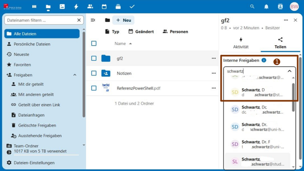 Nextcloud Teilen interne Nutzer