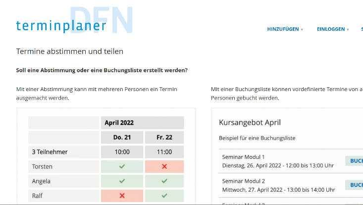 User interface of  DFN Terminplaner