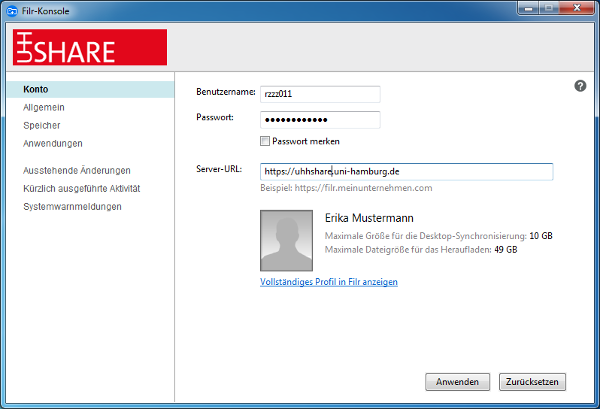 UHHShare Konsole Konto